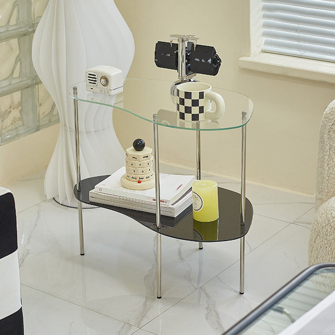 Modern Glass Top 4 Legs Double Tier Naturally Shaped Accent Side Table