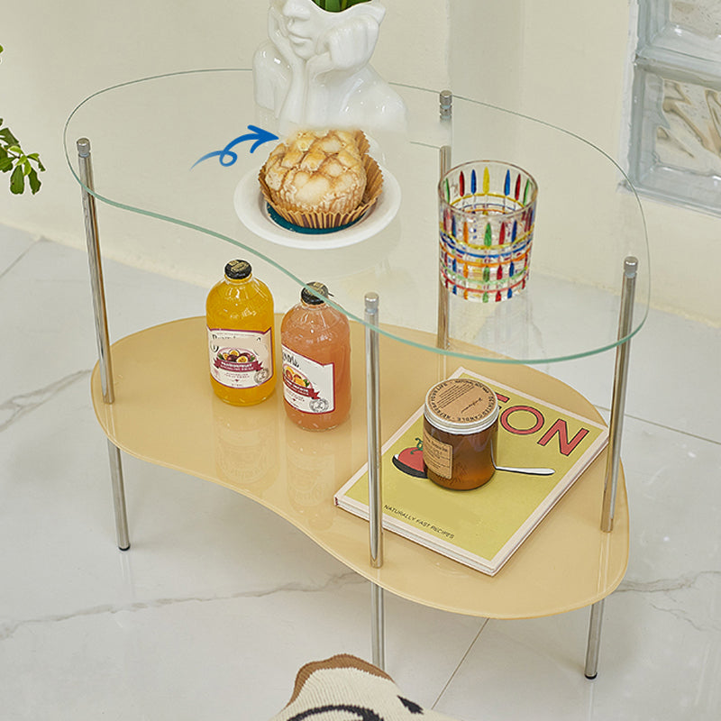 Modern Glass Top 4 Legs Double Tier Naturally Shaped Accent Side Table
