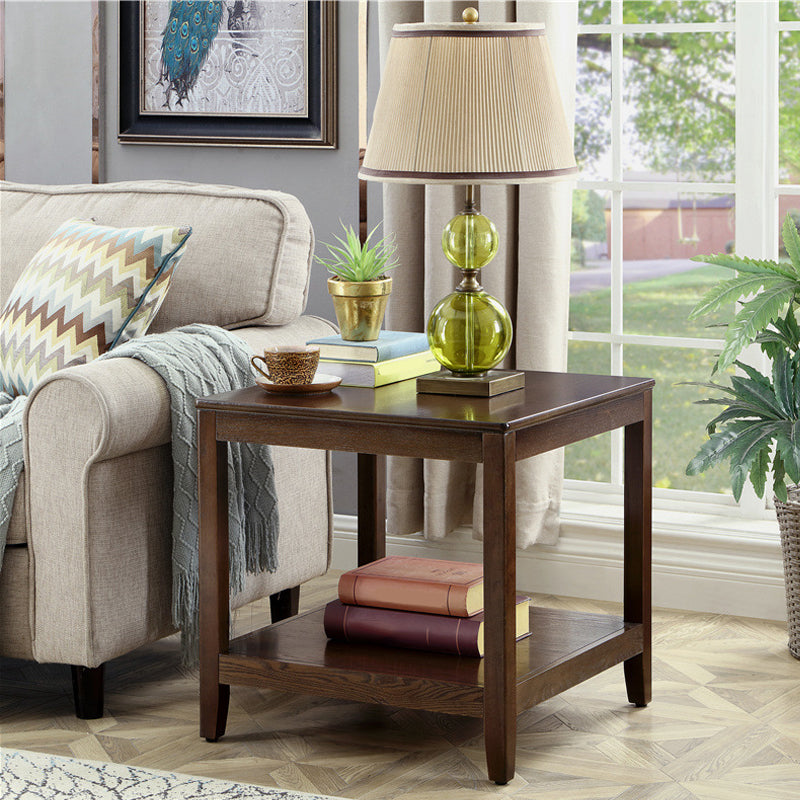 Modernistic Solid Wood 4 Legs Square Double Tier Accent Side Table