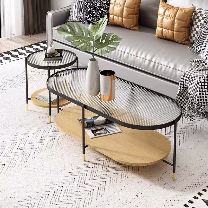 Modern Oval / Round Glass Coffee Table Iron 4 Legs Cocktail Table with Shelf