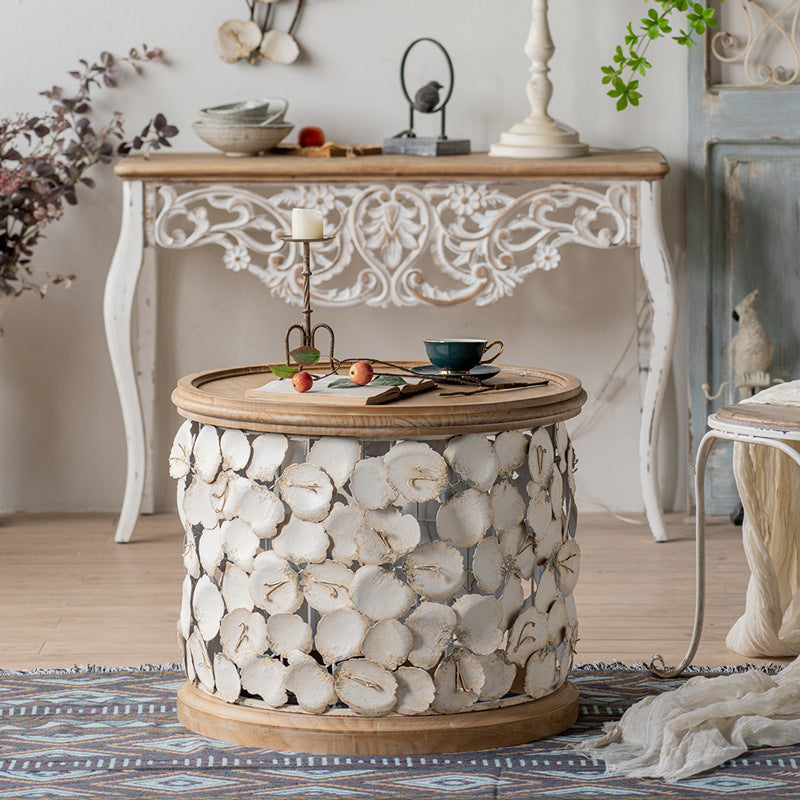 French Country Solid Wood Coffee Table Round Distressed Cocktail Table