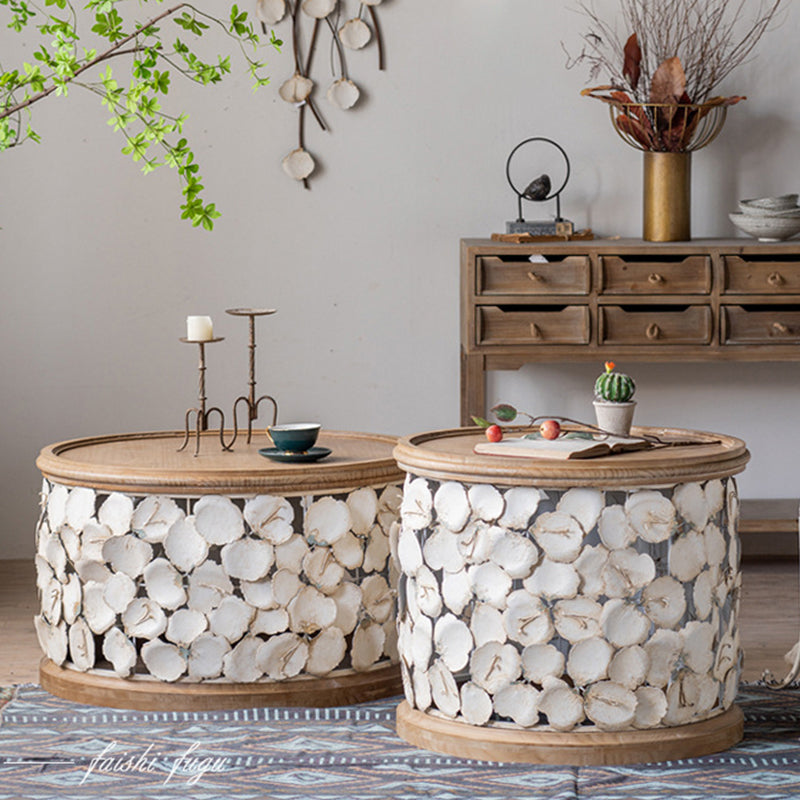French Country Solid Wood Coffee Table Round Distressed Cocktail Table