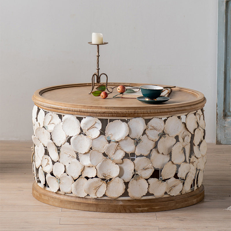 French Country Solid Wood Coffee Table Round Distressed Cocktail Table