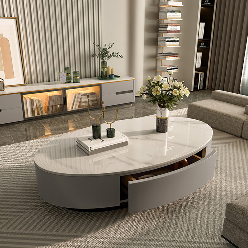 Oval Slate Coffee Table Drum Coffee Cocktail Table with Drawer