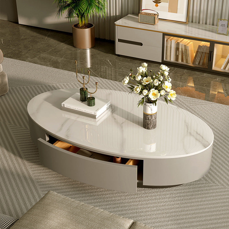 Oval Slate Coffee Table Drum Coffee Cocktail Table with Drawer