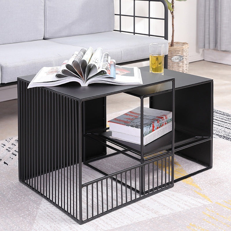 Frame 2 Nesting Square Coffee Table Set Black Iron Cocktail Table with Storage Shelf