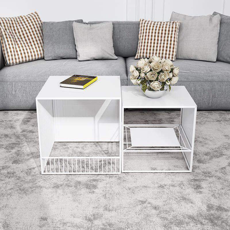 Frame 2 Nesting Square Coffee Table Set Black Iron Cocktail Table with Storage Shelf