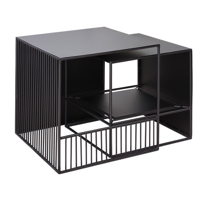 Frame 2 Nesting Square Coffee Table Set Black Iron Cocktail Table with Storage Shelf