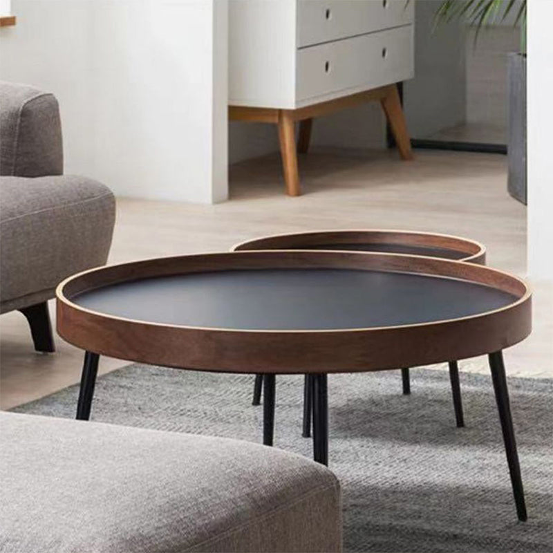 Round Wooden Coffee Table Black Tray Top Cocktail Table with 4 Legs