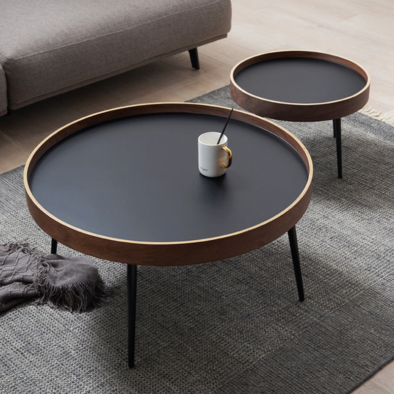 Round Wooden Coffee Table Black Tray Top Cocktail Table with 4 Legs