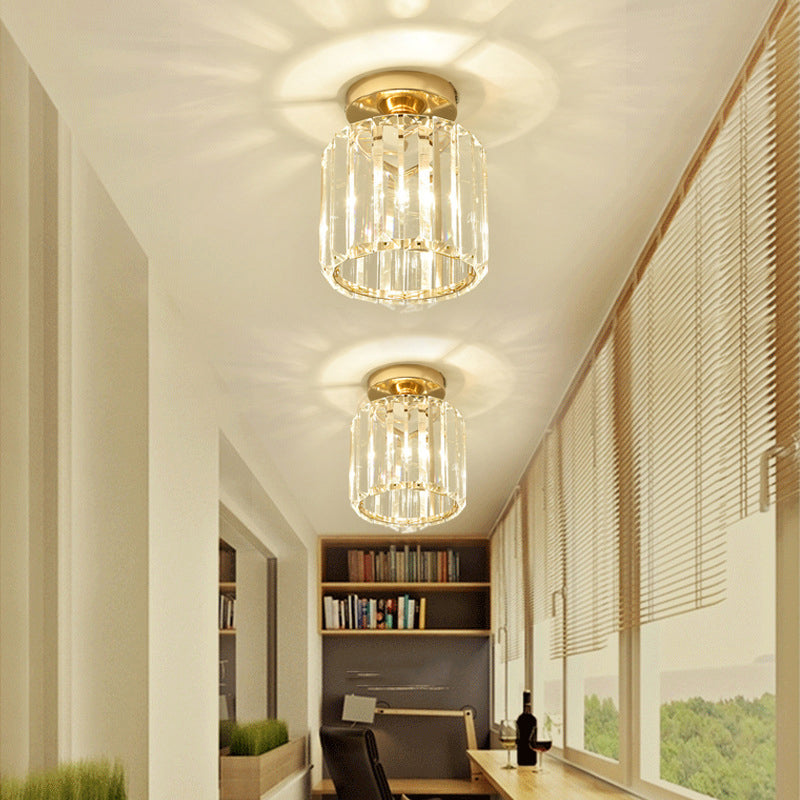 1-Light Crystal Flush Cylinder Shade in Gold and Clear Ceiling Flush