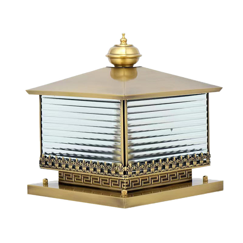 Square Shape Metal Pillar Lamp Modern Style 1 Light Waterproof Outdoor Light in Brass