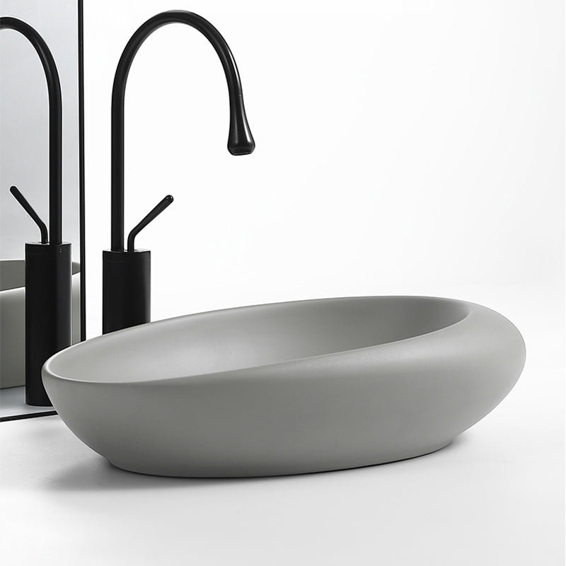 Modern Vessel Bathroom Sink Porcelain Oval with Pop-Up Drain and Faucet Wash Stand
