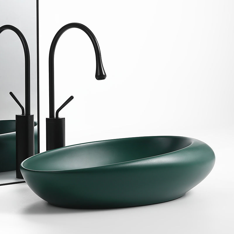 Modern Vessel Bathroom Sink Porcelain Oval with Pop-Up Drain and Faucet Wash Stand