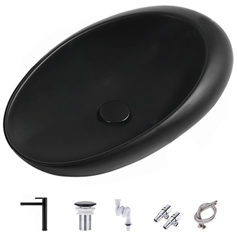 Modern Vessel Bathroom Sink Porcelain Oval with Pop-Up Drain and Faucet Wash Stand