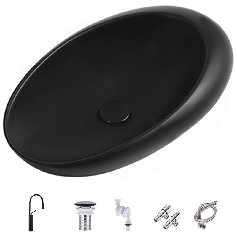 Modern Vessel Bathroom Sink Porcelain Oval with Pop-Up Drain and Faucet Wash Stand