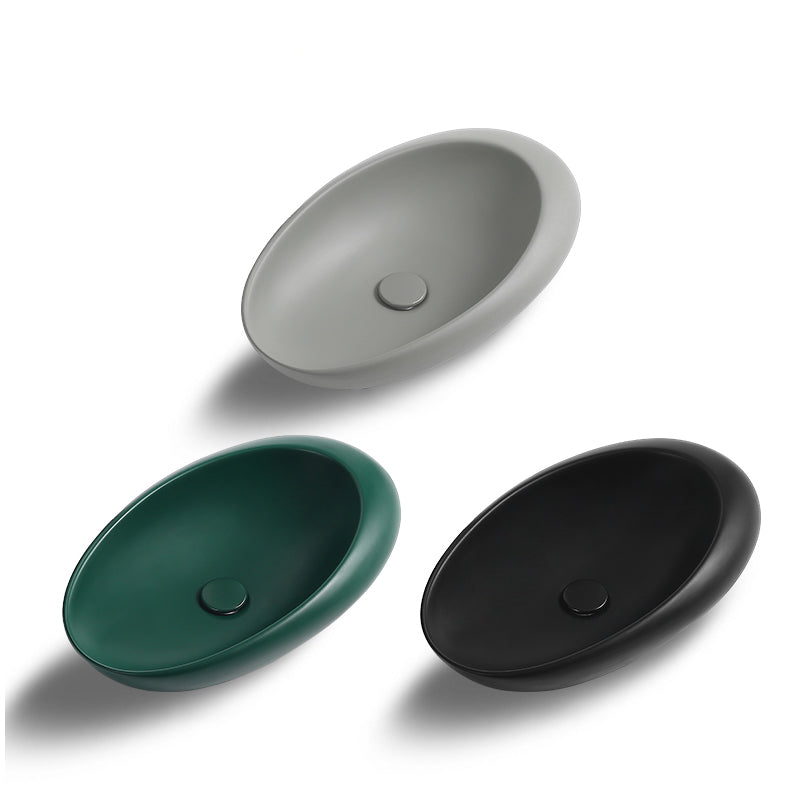Modern Vessel Bathroom Sink Porcelain Oval with Pop-Up Drain and Faucet Wash Stand