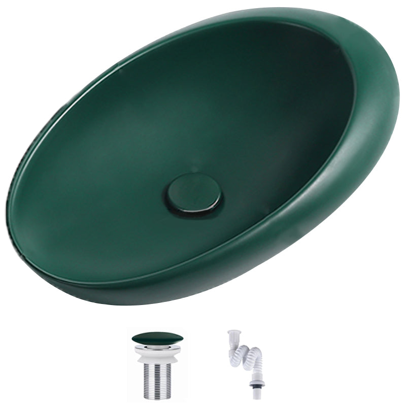 Modern Vessel Bathroom Sink Porcelain Oval with Pop-Up Drain and Faucet Wash Stand