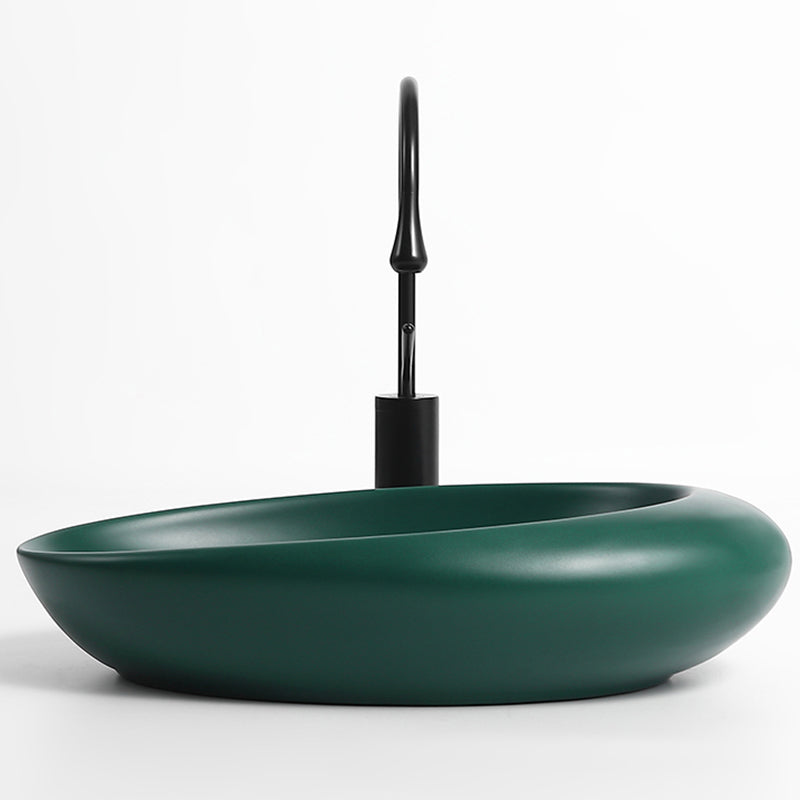 Modern Vessel Bathroom Sink Porcelain Oval with Pop-Up Drain and Faucet Wash Stand