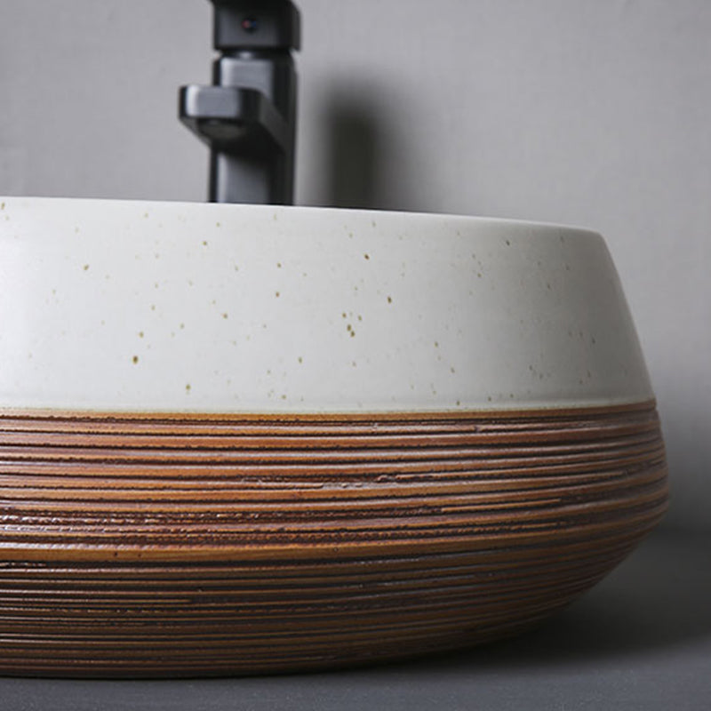 Traditional Bathroom Sink Porcelain Round Vessel with Pop-Up Drain