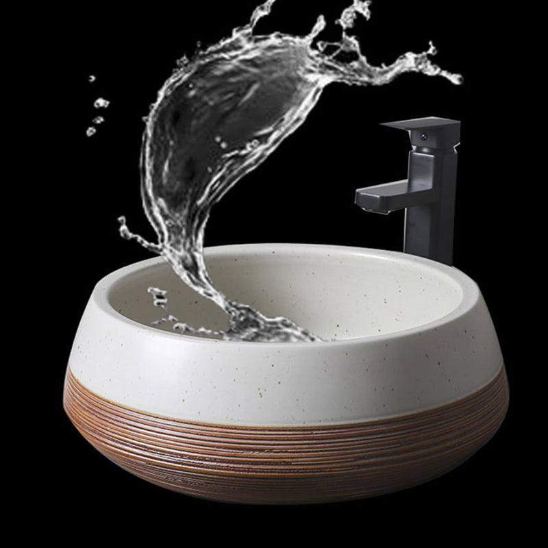 Traditional Bathroom Sink Porcelain Round Vessel with Pop-Up Drain