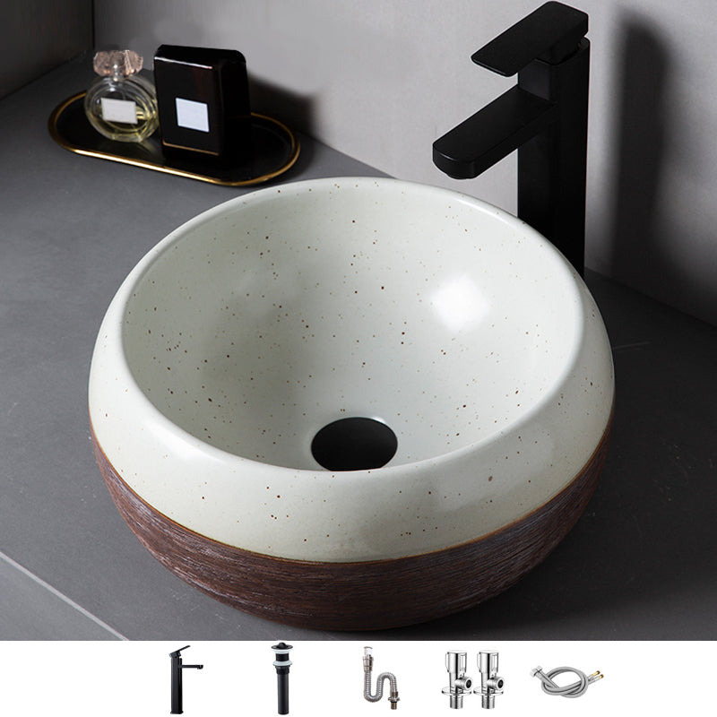 Traditional Bathroom Sink Porcelain Round Vessel with Pop-Up Drain