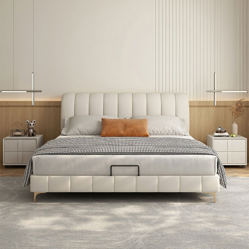 Upholstered Headboard Standard Bed Solid Wood Slat Bed in White