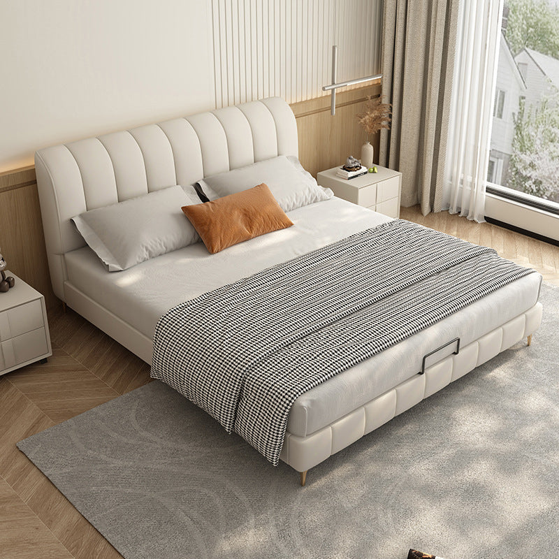 Upholstered Headboard Standard Bed Solid Wood Slat Bed in White