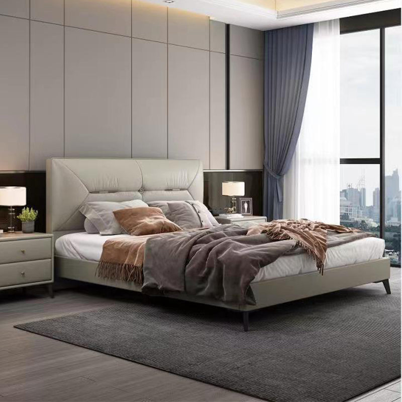 Contemporary Leather Standard Bed, Grey Upholstered Headboard Bed