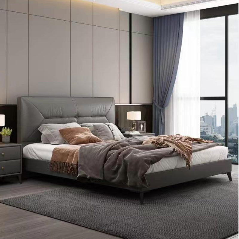 Contemporary Leather Standard Bed, Grey Upholstered Headboard Bed
