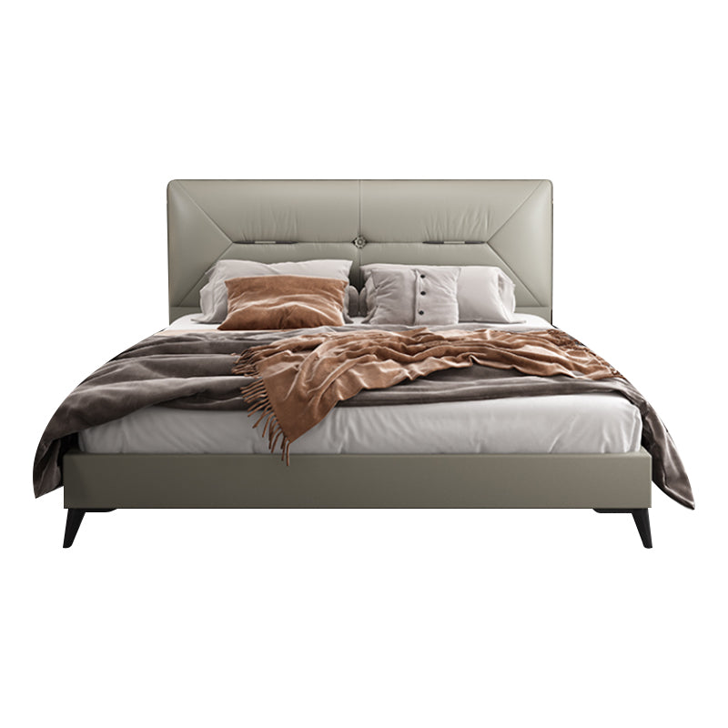 Contemporary Leather Standard Bed, Grey Upholstered Headboard Bed