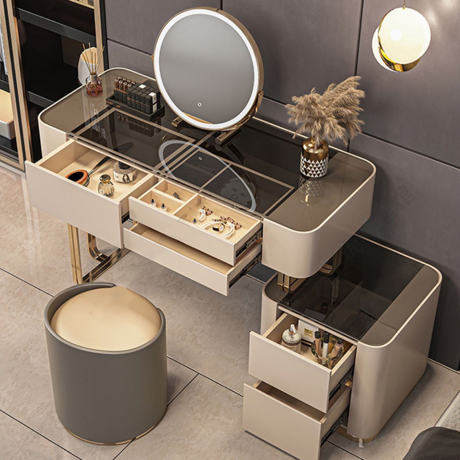 Luxurious Wood and Metal Make-up Vanity 5 Drawers & Lighted Mirror Dressing Table