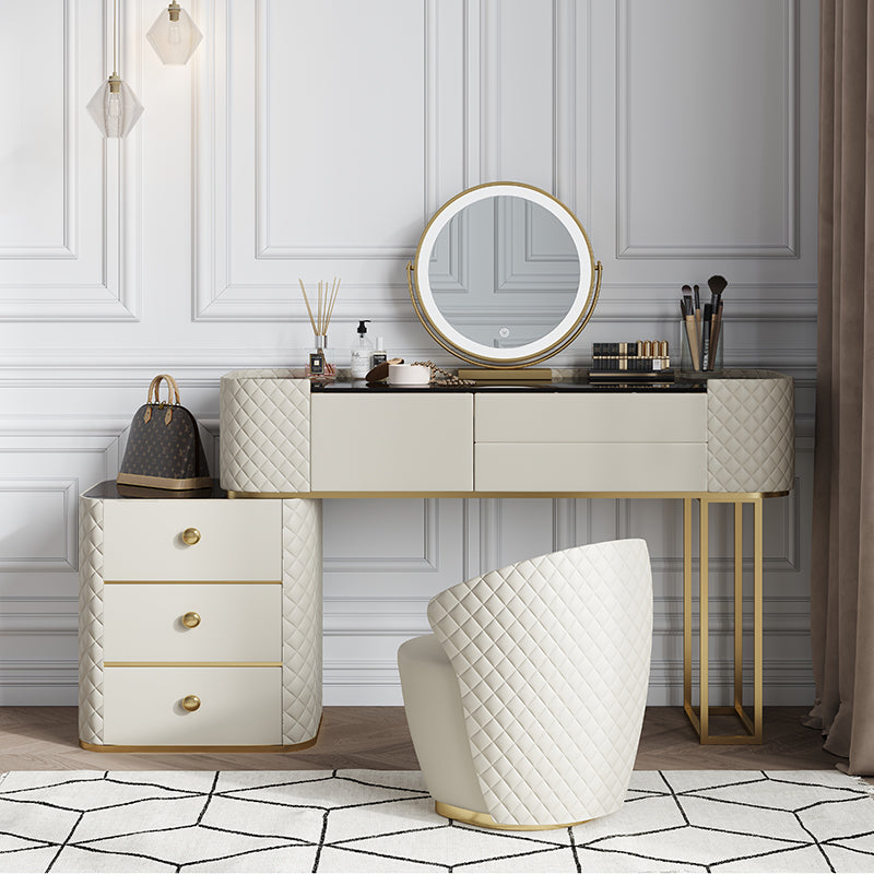 White Mirrored Make-up Vanity Glass Top Dressing Table Stool Set