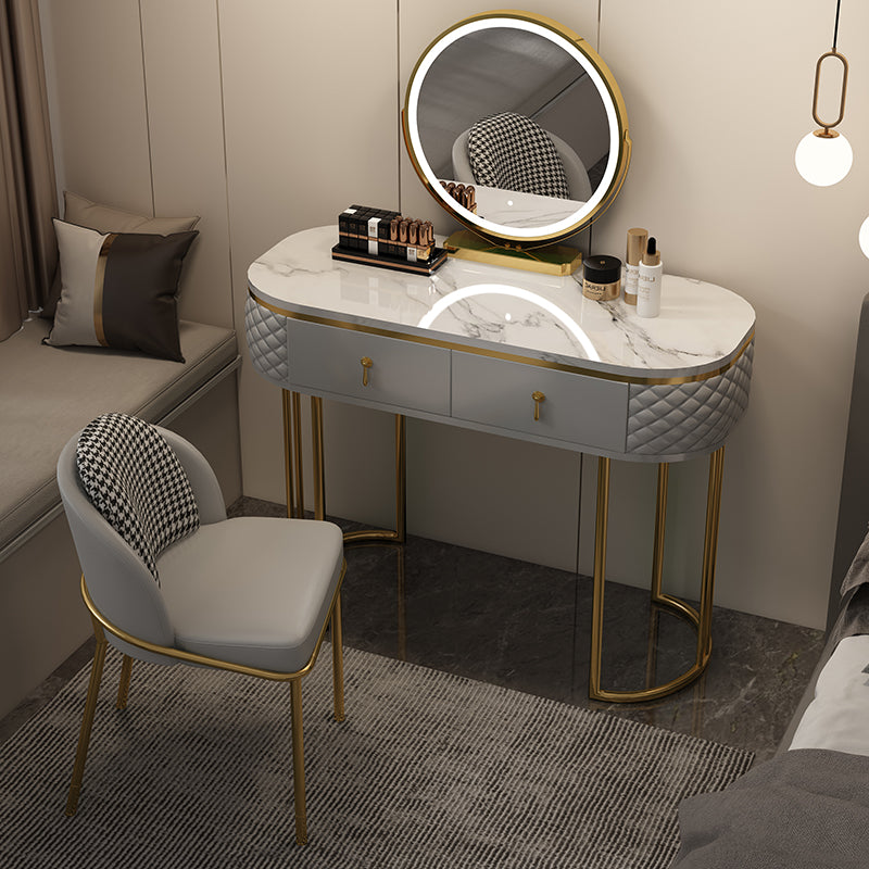 Luxurious Metal Make-up Vanity Stone Top Dressing Table Stool Set with Lighted Mirror