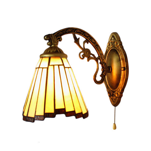 Mission Style Mini Wall Sconce Stained Glass 1 Light Wall Mounted Lamp with Curved Arm in Beige