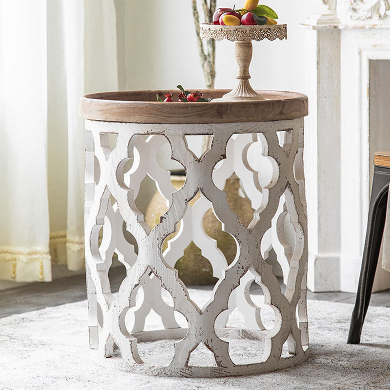 Rustic Drum Side Table Solid Wood Sofa Side Accent Table in Distressed White