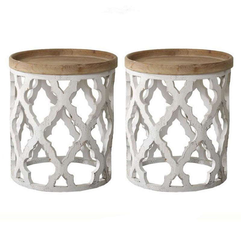 Rustic Drum Side Table Solid Wood Sofa Side Accent Table in Distressed White