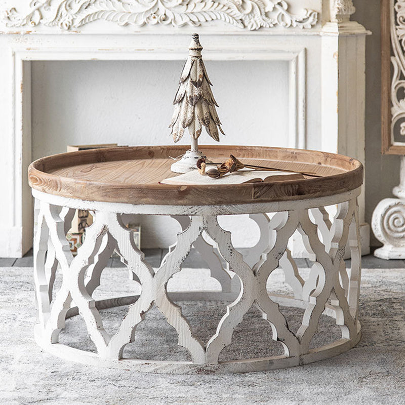 Rustic Drum Side Table Solid Wood Sofa Side Accent Table in Distressed White