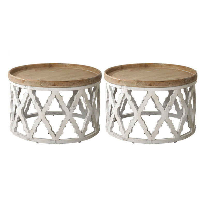 Rustic Drum Side Table Solid Wood Sofa Side Accent Table in Distressed White