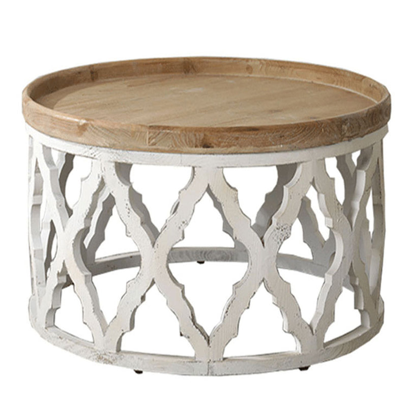 Rustic Drum Side Table Solid Wood Sofa Side Accent Table in Distressed White