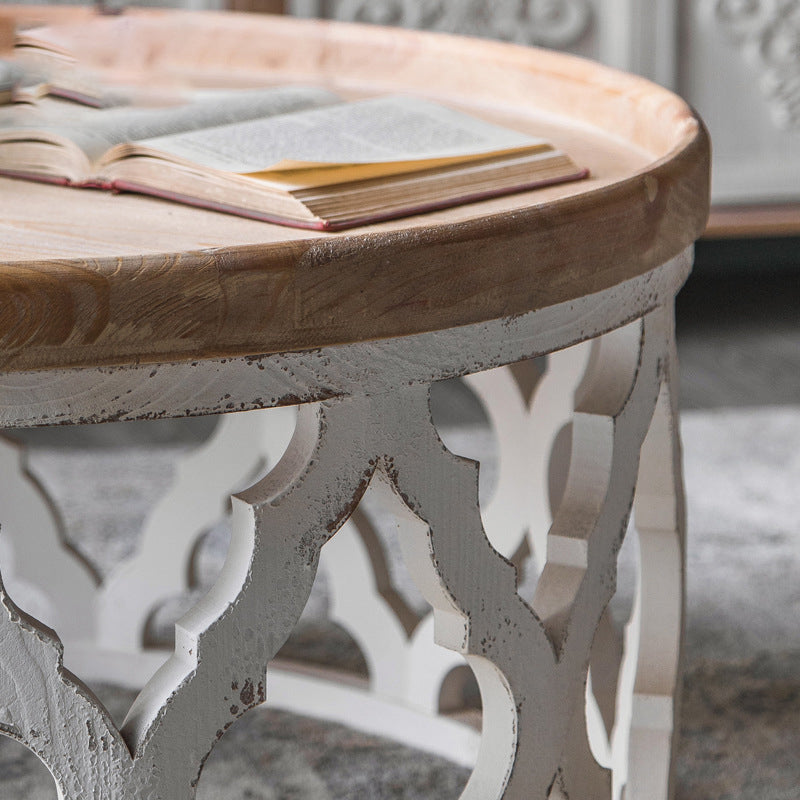 Rustic Drum Side Table Solid Wood Sofa Side Accent Table in Distressed White