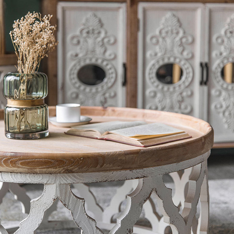 Rustic Drum Side Table Solid Wood Sofa Side Accent Table in Distressed White