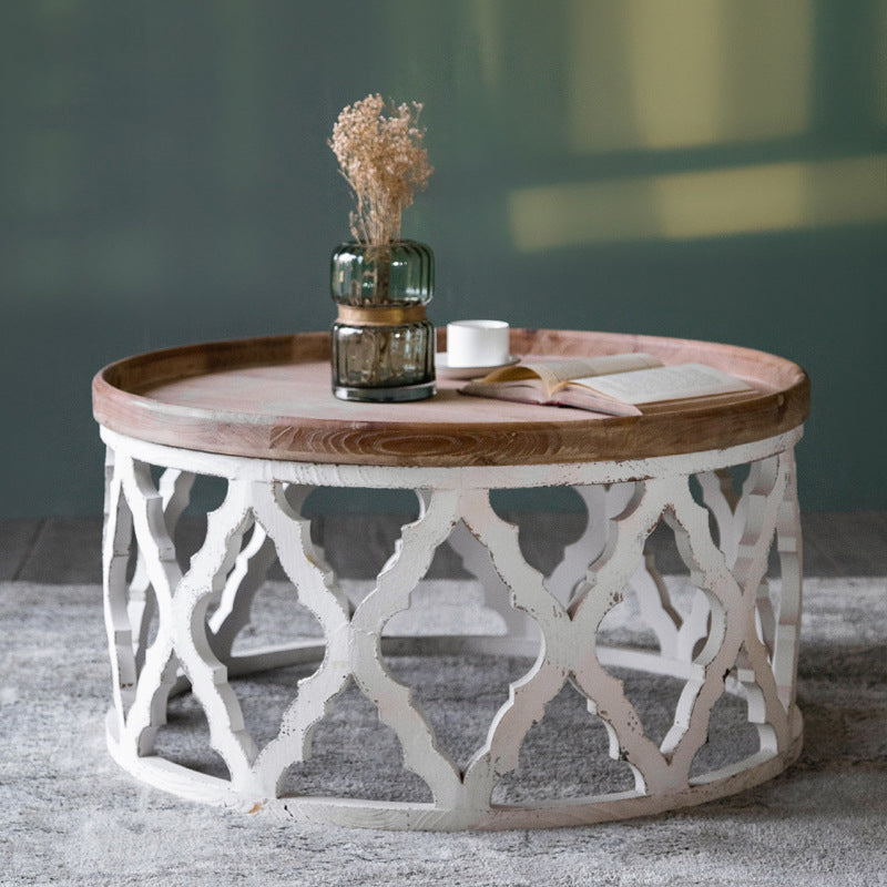 Rustic Drum Side Table Solid Wood Sofa Side Accent Table in Distressed White