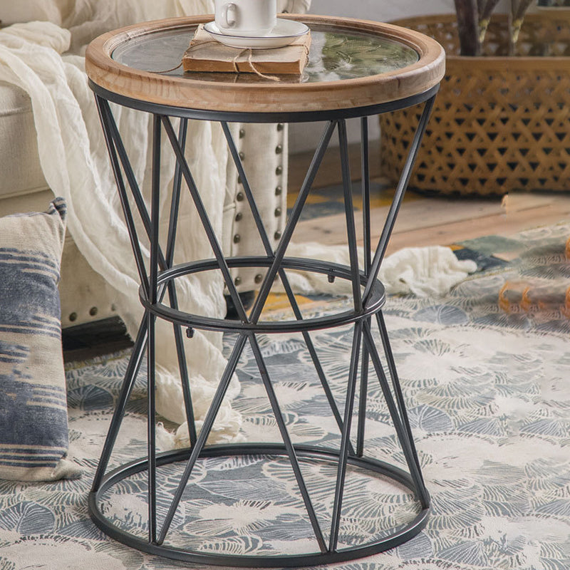 Round Tray Top Side Table Rustic Wood and Metal Side End Snack Table