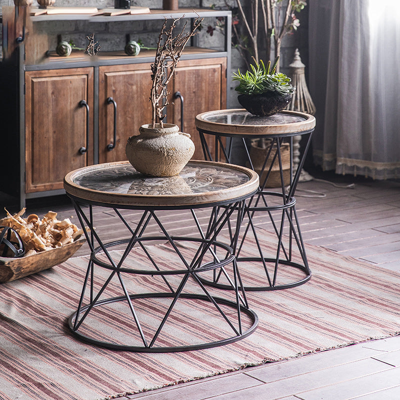 Round Tray Top Side Table Rustic Wood and Metal Side End Snack Table