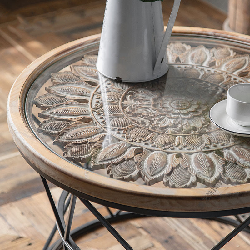 Round Tray Top Side Table Rustic Wood and Metal Side End Snack Table