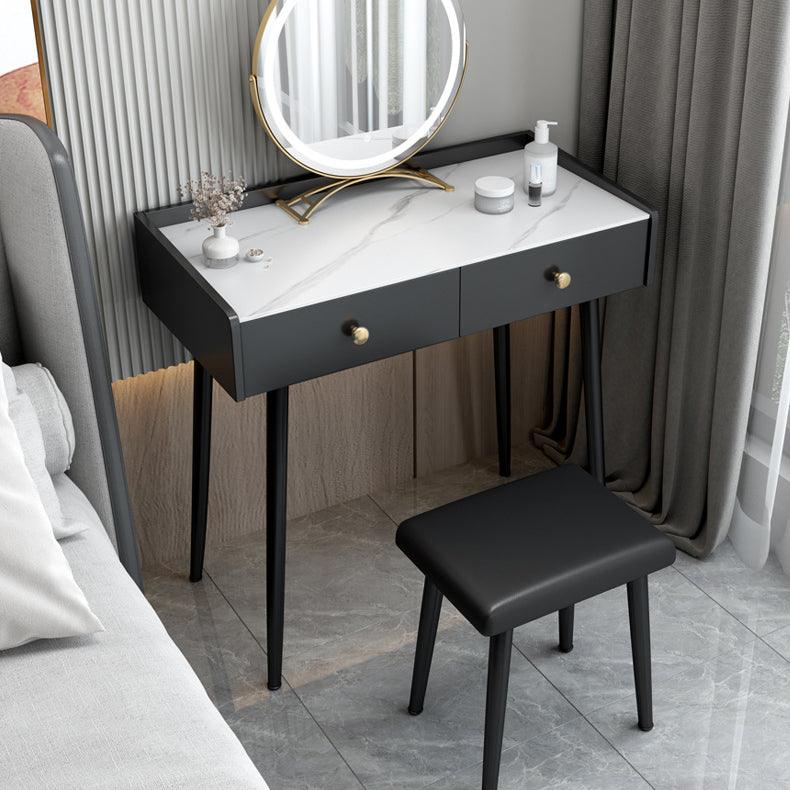 Contemporary Stone Vanity, Storage Drawer With Stool, Black/White