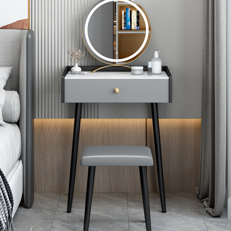 Contemporary Stone Vanity, Storage Drawer With Stool, Black/White