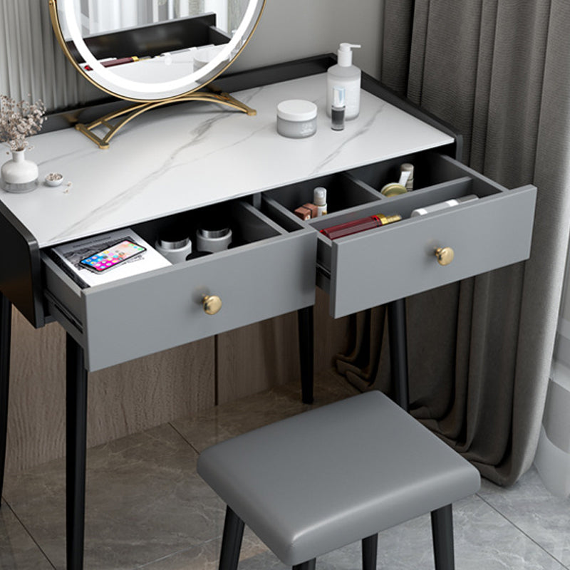 Contemporary Stone Vanity, Storage Drawer With Stool, Black/White
