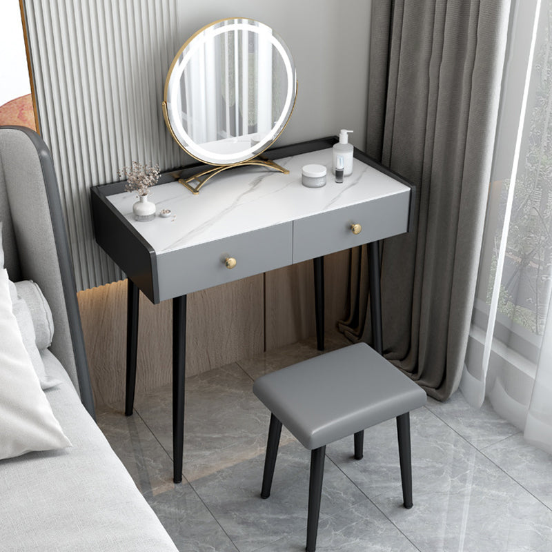 Contemporary Stone Vanity, Storage Drawer With Stool, Black/White